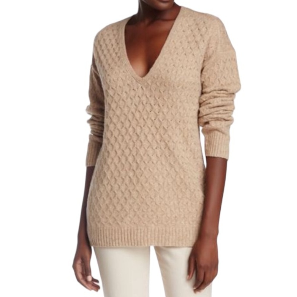 A.L.C.‎ Wool Alpaca Blend Tan Cable Knit Deep V Neck Sweater Size S